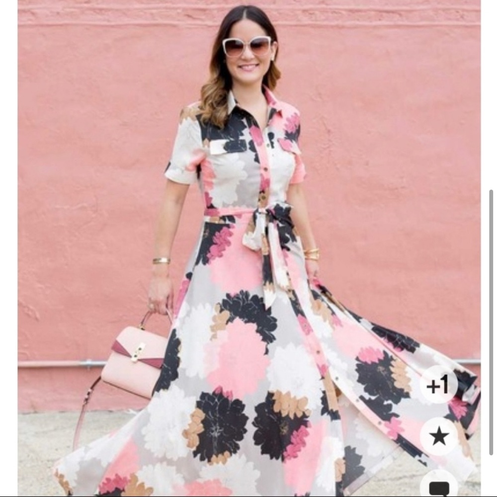 Banana Republic floor length floral dress, pink and black
